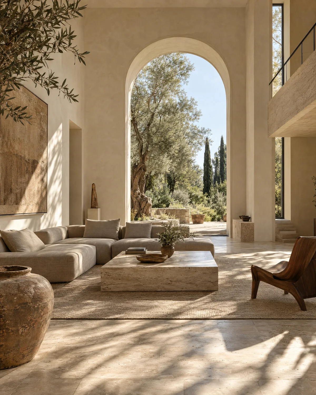 Atelier Luz, concepto de salón de doble altura con materiales naturales y luz cálida