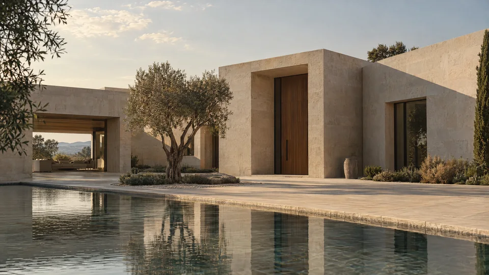 Concepto arquitectónico de FORMA Studio con residencia de piedra clara y patio