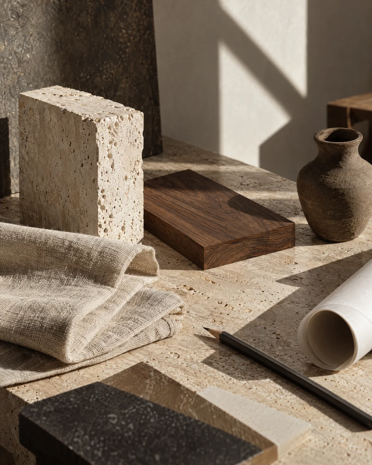 Estudio conceptual de materiales: travertino, madera, lino y cerámica bajo luz natural