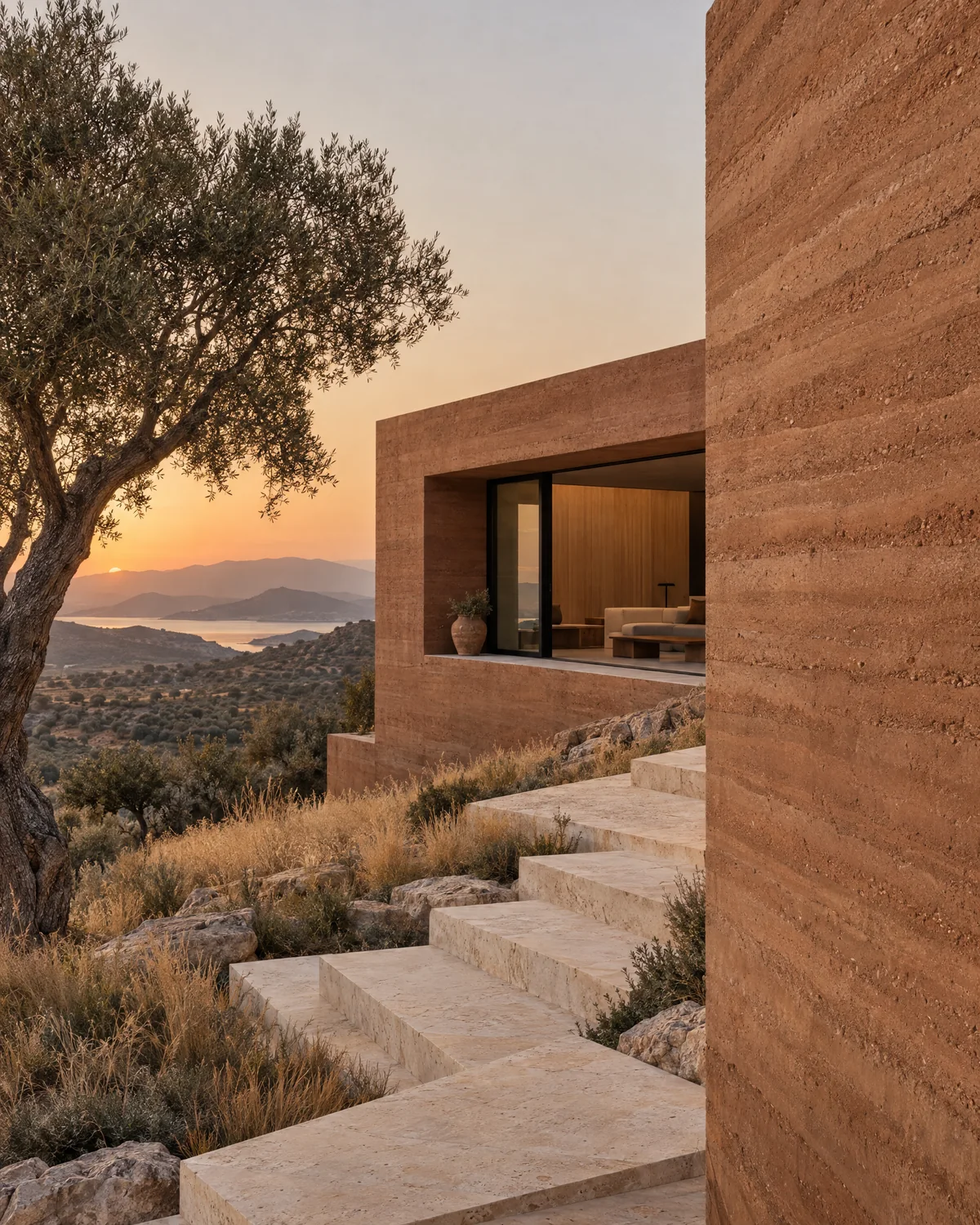 Refugio Tierra, concepto de retiro con muros de tierra y paisaje mediterráneo